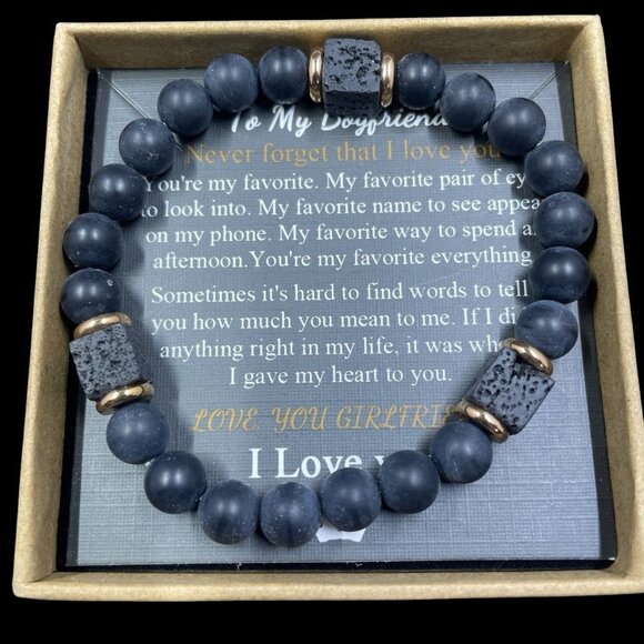 Joycuff Boyfriend Bracelet Gift Set Lava Rock Beads Mens Jewelry Romantic New - Picture 2 of 8